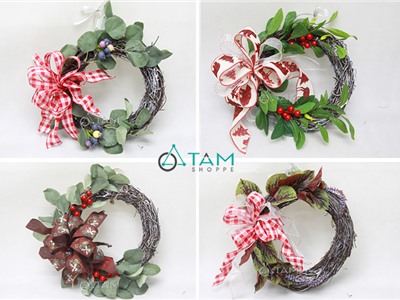 Vòng nguyệt quế Noel nửa vòng thắt nơ ĐK30cm X-VNGQ-19